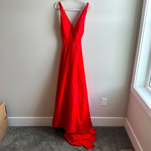 Prom Sherri Hill Red Satin-Finish Dress with Train and High Leg Slit 12 - Picture 1 of 10